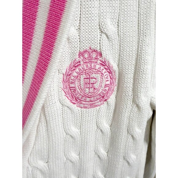 Lauren Active Ralph Lauren Shawl Collar Cable Knit Cardigan White Pink Large - Picture 4 of 6